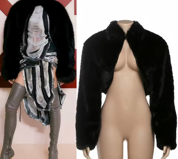 Women Black Fashion Faux Fur Crop Jacket