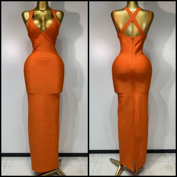 Women Sexy Sleeveless Orange Bandage Maxi Dress