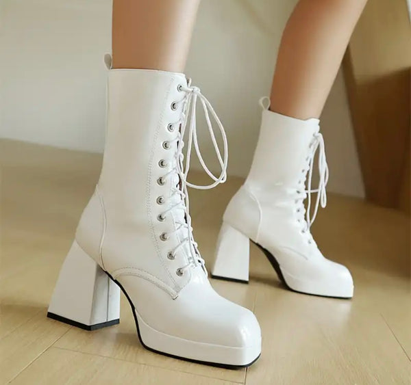 Women Fashion Lace Up Patent Leather Ankle Boots