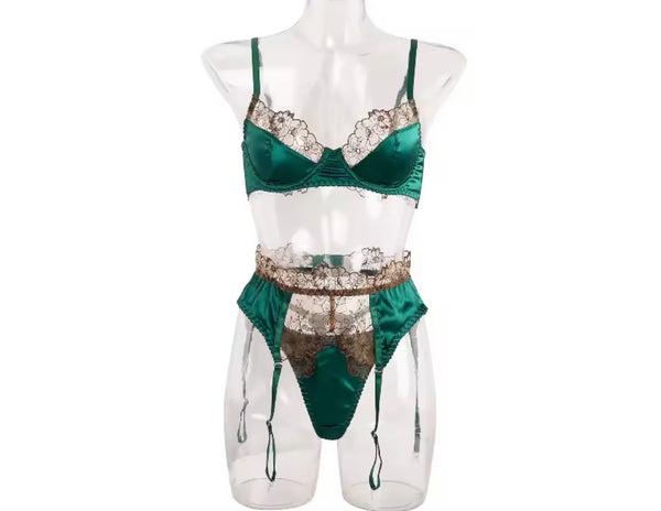 Women Green Satin Floral Sexy Lingerie Set