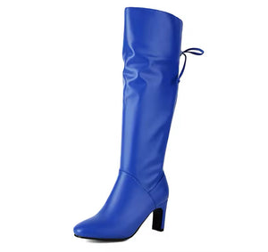 Women Blue Fashion Faux Leather Tie Up Knee High Boots