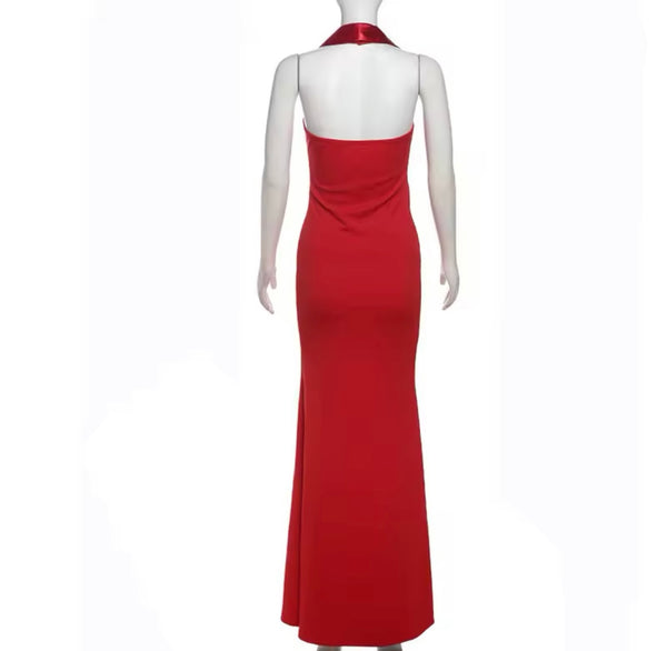 Women Red Sexy Halter Sleeveless Maxi Dress