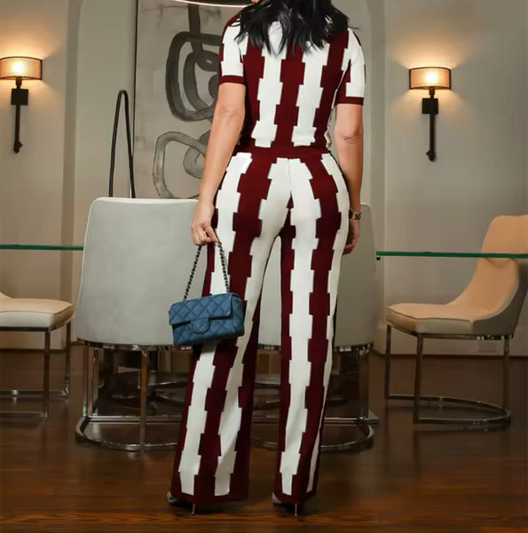 Women Short Sleeve Color Patchwork Striped Two Piece Pant Set