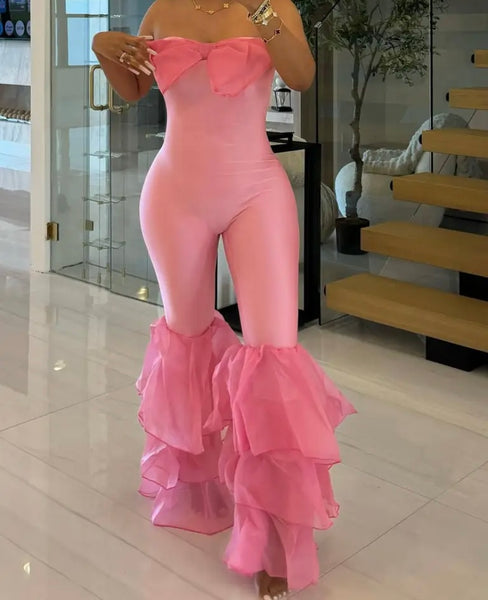 Women Sexy Bow Strapless Ruffled Jumpsuit