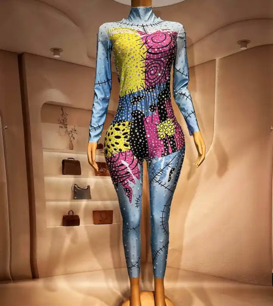 Women Fashion Multicolored Bling Print Full Sleeve Jumpsuit