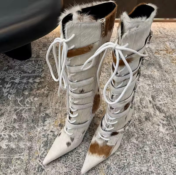 Women Fashion Mohair Lace Up Buckled Knee High Boots