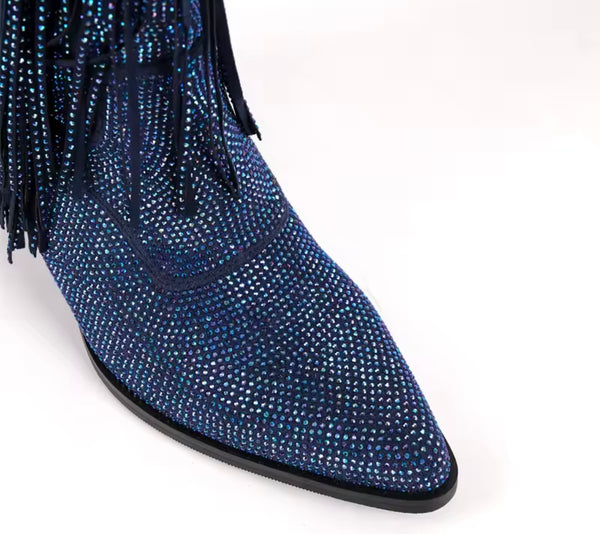 Women Fashion Blue Bling Fringe Tassel Western Boots