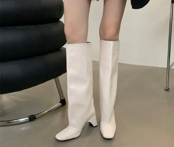 Women Fashion Square Toe Faux Leather Knee High Boots