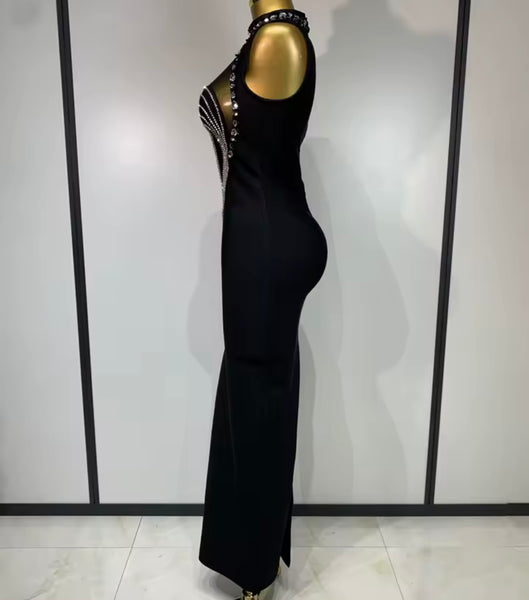 Women Black Sexy Sleeveless Rhinestone Maxi Dress