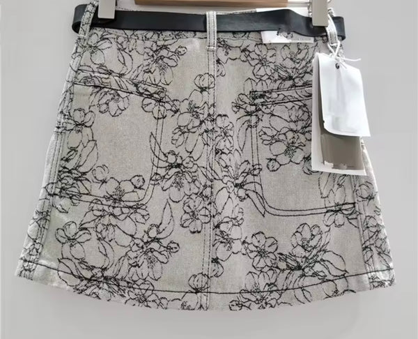 Women Fashion Gray Embroidered Floral Denim Skirt
