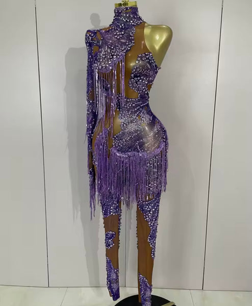 Women Sexy Purple One Shoulder Rhinestone Mesh Tassel Jumpsuit