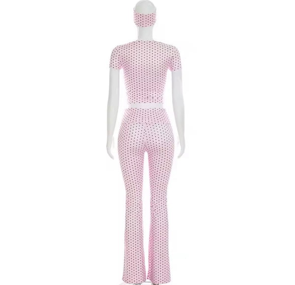 Women Fashion Polka Dot Headband Three Piece Pant Set