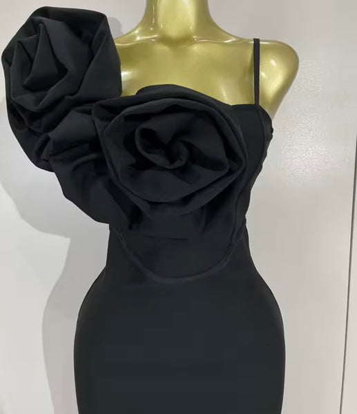 Women Sexy Black 3D Floral Sleeveless Dress