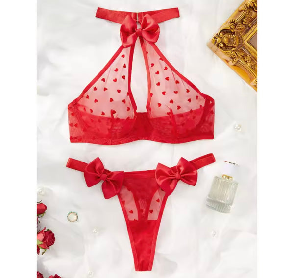 Women Red Bow Halter Sexy Heart Mesh Lingerie Set