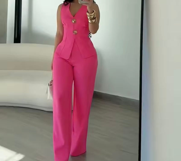 Women Button Up Sleeveless Blazer Vest Two Piece Pant Set
