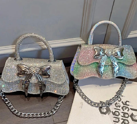 Women Fashion Bling Bow Chain Handbag Purse