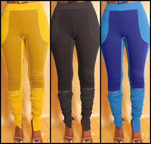 Women Fashion Color Patchwork Zipper Ruched Pants