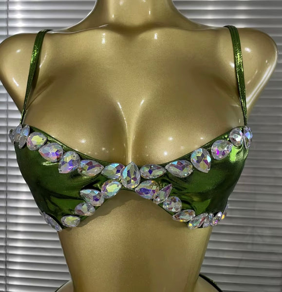 Women Sexy Shiny Rhinestone Green Bikini Swimsuit