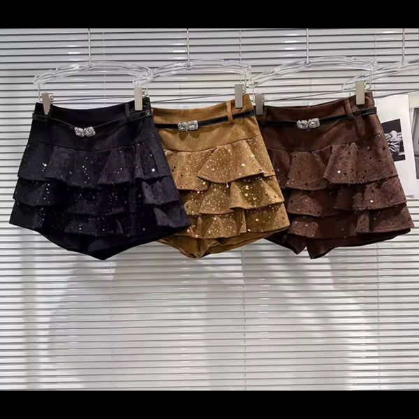 Women Suede Sequins Ruffle Wrap Shorts