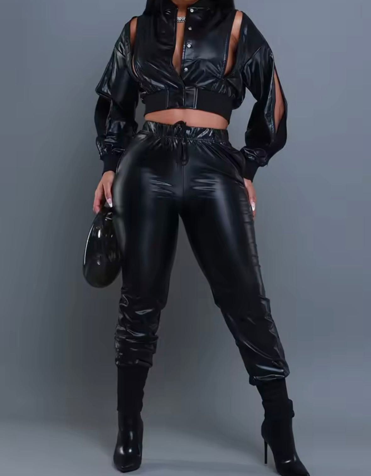 Women Fashion Faux Leather Spliced Jacket Two Piece Pant Set