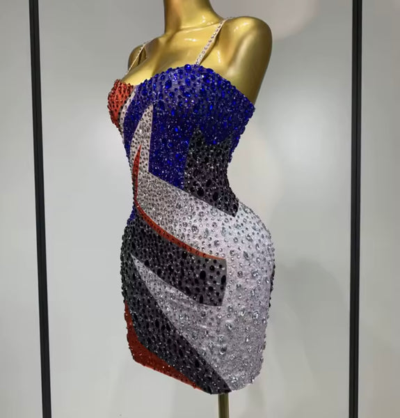 Women Sexy Color Patchwork Rhinestone Sleeveless Dress