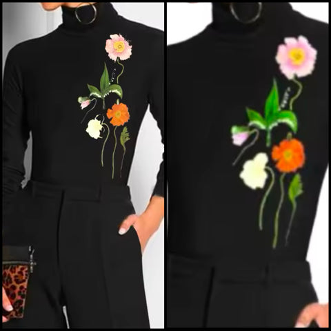 Women Black Floral Turtleneck Full Sleeve Top