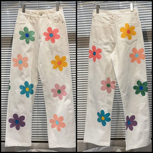 Women White Floral Fashion Denim Pants