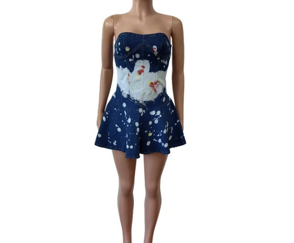 Women Sexy Strapless Printed Ruffled Denim Dress