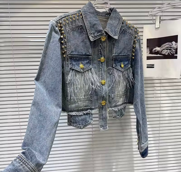 Women Fashion Rivet Feather Denim Jacket Two Piece Short Set