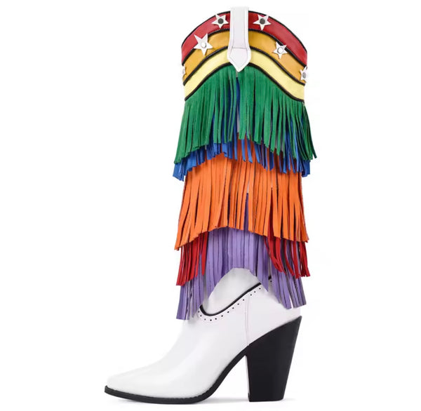 Women White Multicolored Fringe Tassel Knee High Western Boots