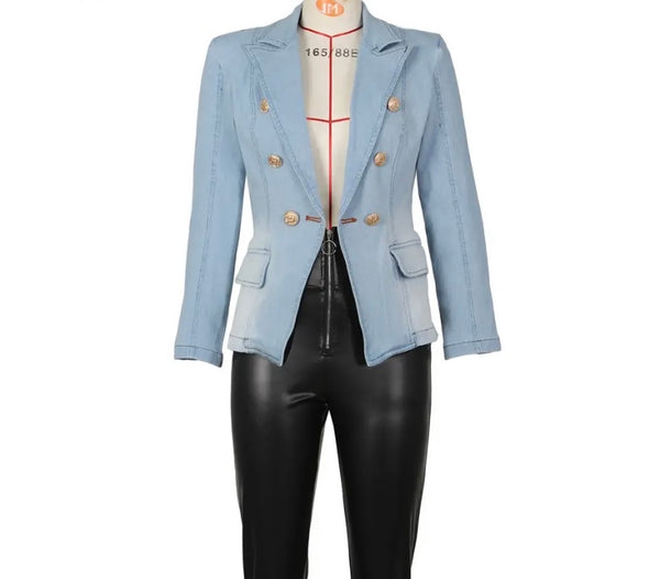 Women Fashion Gold Button Denim Blazer Jacket