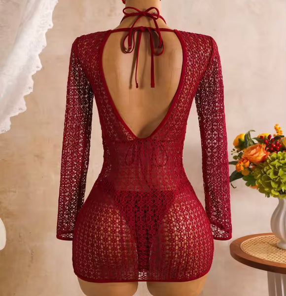 Women Sexy Halter Bikini Mesh Dress Cover Up Set