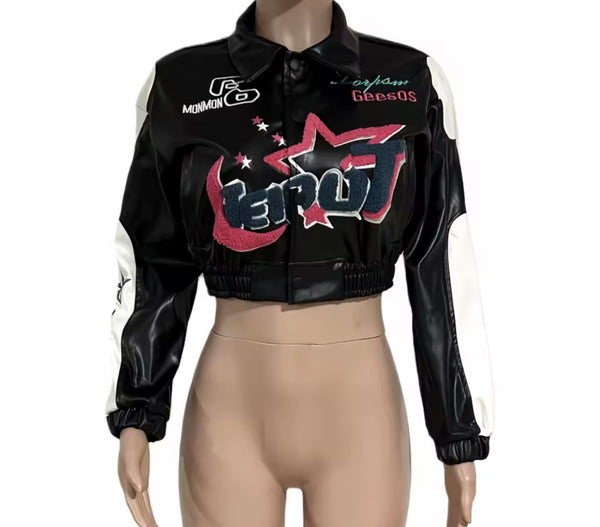 Women Color Printed Fashion Faux Leather Zip Up Jacket