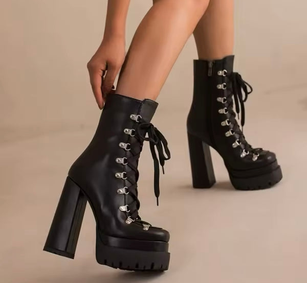 Women Fashion Platform Lace Up High Heel Ankle Boots