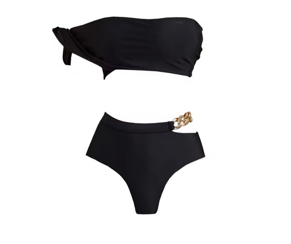 Women Black Strapless Gold Chain Bikini Cover Up Set