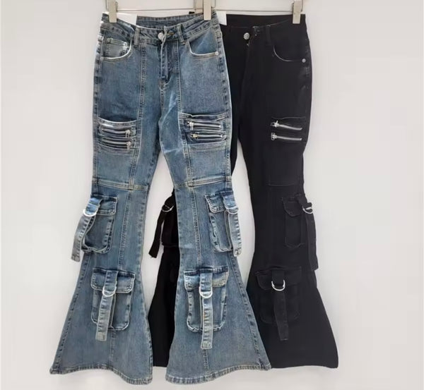 Women Fashion Zipper Cargo Boot Cut Denim Pants