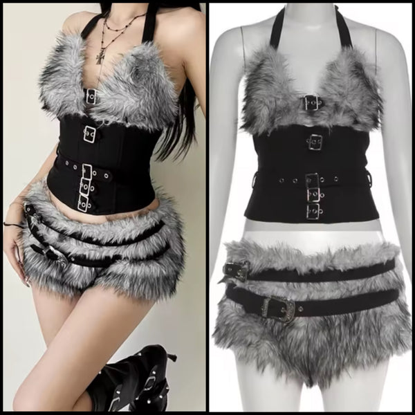 Women Sexy Fashion Halter Sleeveless Fur Two Piece Short Set