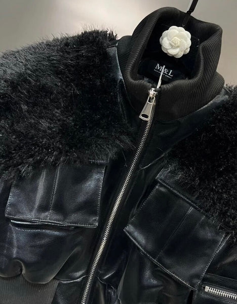 Women Fashion Faux Fur Patchwork Pocket Zipper Jacket