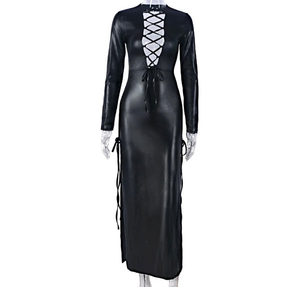 Women Sexy Black PU Full Sleeve Side Slit Maxi Dress