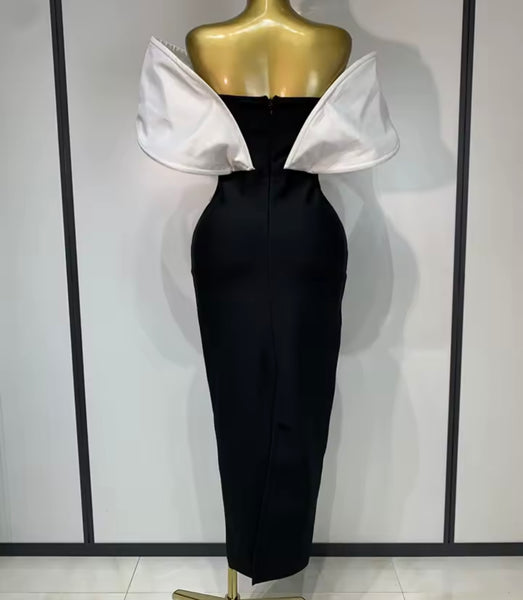 Women Sexy Strapless B&W Rhinestone Maxi Dress