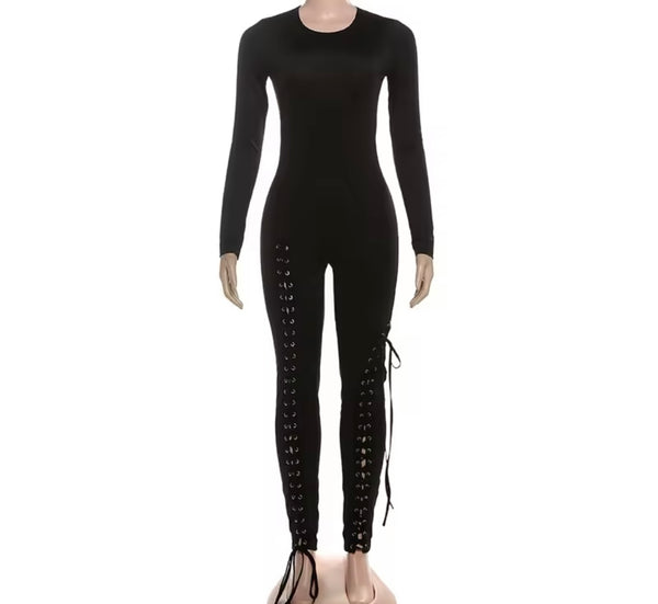 Women Color Full Sleeve Cut Out Tie Up Fashion Jumpsuit