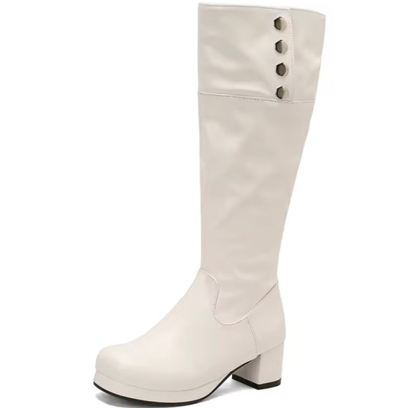 Women Color Button Fashion Faux Leather Knee High Boots