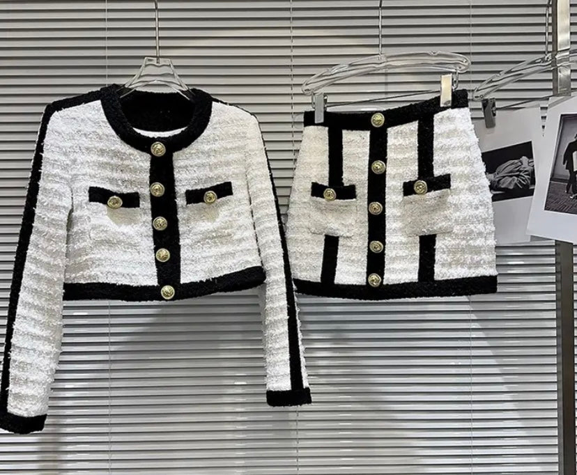 Women B&W Gold Button Sexy Two Piece Skirt Set