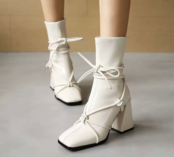 Women Fashion Color Patent Leather Lace Up Ankle Boots