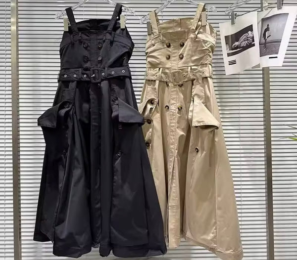 Women Sleeveless Button Belted Dress