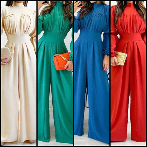 Women Sexy Solid Color Full Sleeve Wide Leg Jumpsuit