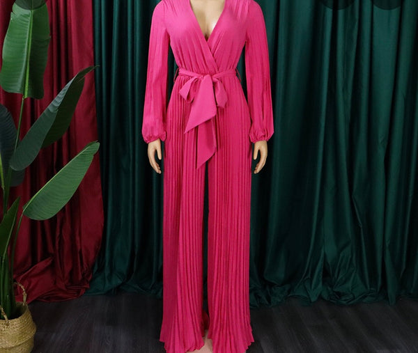 Women Sexy V-Neck Full Sleeve Belted Pleated Jumpsuit