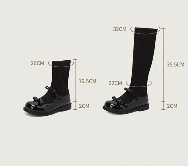 Women Fashion Black Bow Sock Flat Ankle/Mid Calf Boots