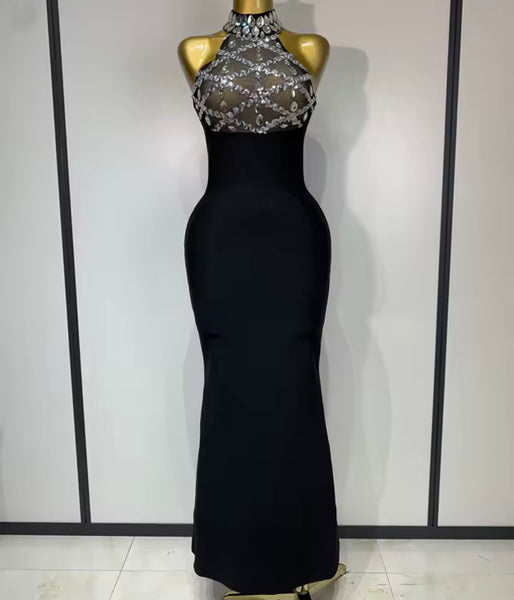 Women Black Crystal Mesh Sexy Halter Sleeveless Maxi Dress