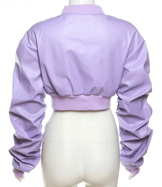 Women Purple Faux Leather Zipper Crop Jacket